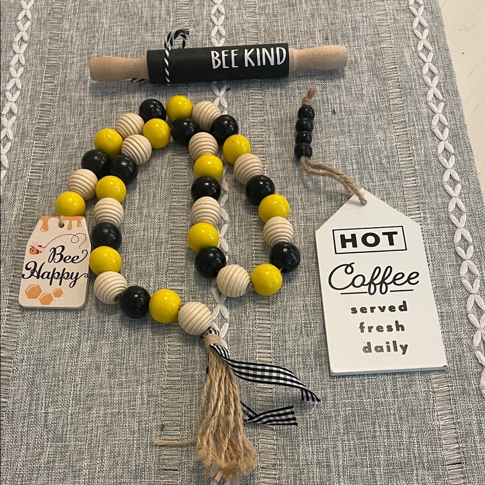 Bee Kind Wooden Bead Garland - includes little rolling pin and hot coffee sign.